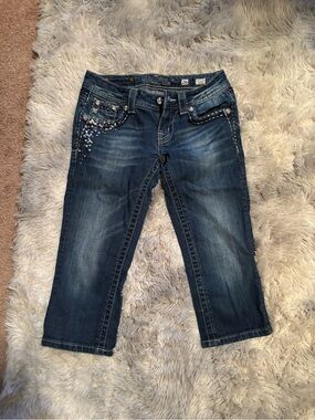 Miss Me Blue Rhinestone Capris Low Rise